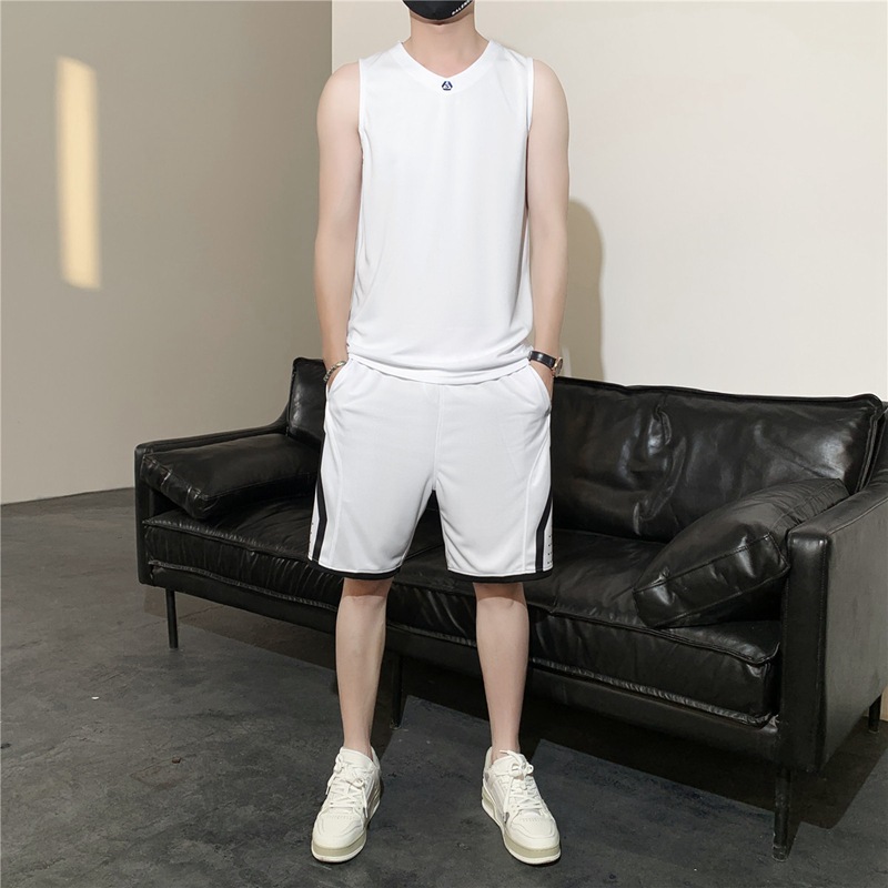 Casual deportivo fitness chaleco de baloncesto hielo camiseta sin mangas hombre verano delgado rápido secado pantalones cortos de mangas cortas set