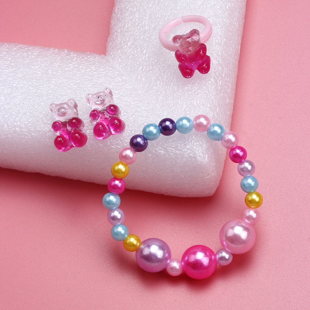 Cute Bear Resin Beaded No Inlaid Rings Bracelets Earrings 3 Piece Set