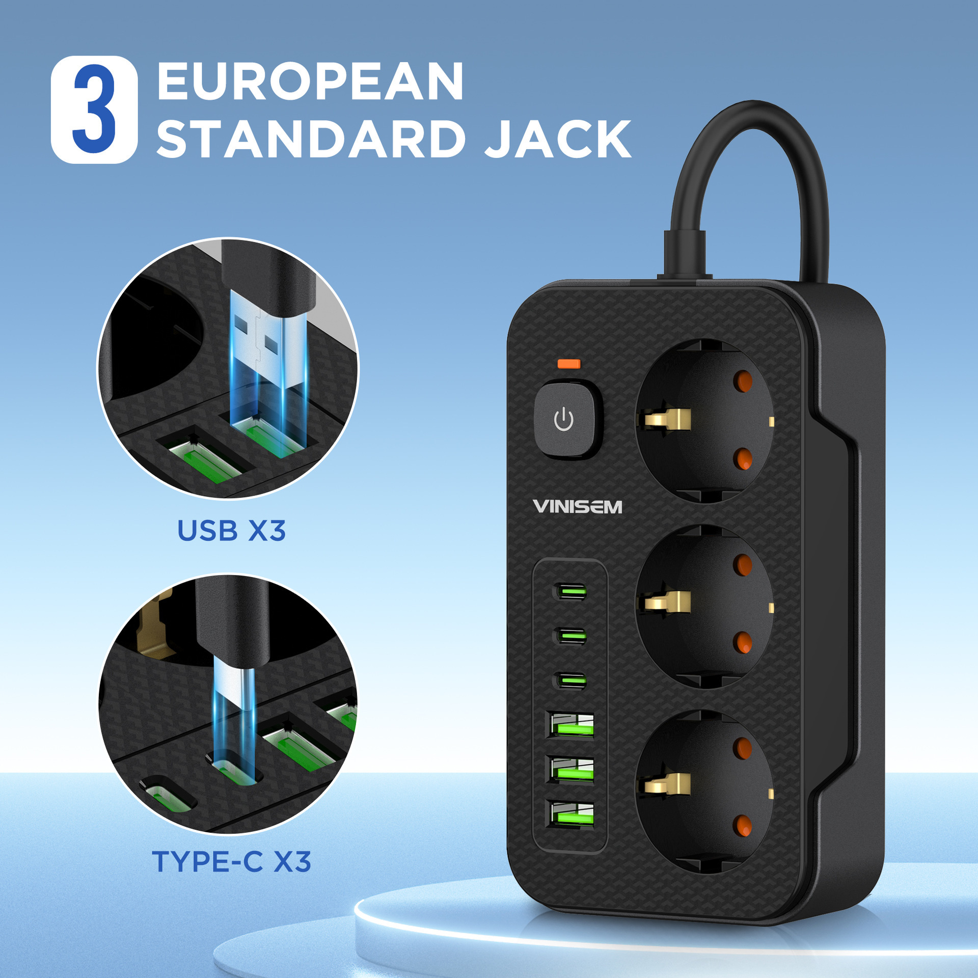 Comercio electrónico comercio exterior estándar europeo conector de fila con conector de tres puertos USB tipo C conector de fila transfronterizo negro poroso