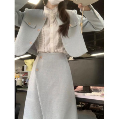 大きいサイズの太った小香風のスーツの女性の秋のファッションの気質のシャツの高級感のコートの半身のスカートの3つのセット