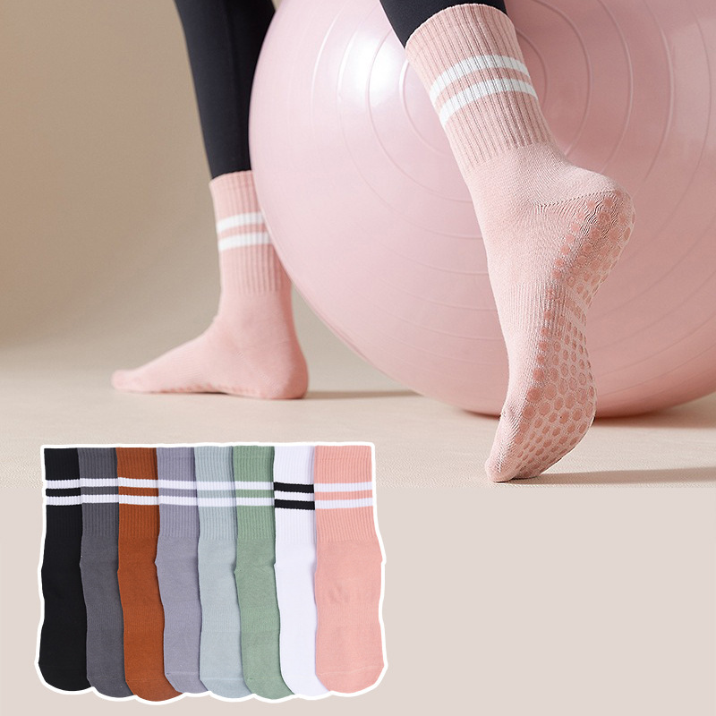 Temu Shien Hot-Selling Non-Slip Yoga Socks for Women in Autumn and Winter Adult Mid-Calf Two-Bar Cotton Sports Fitness Floor Socks