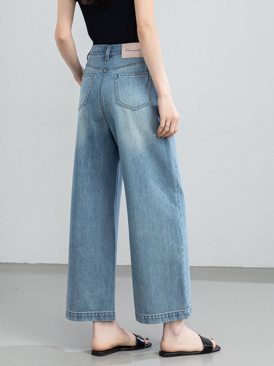 Quần jean nữ ống rộng cạp cao chất liệu tencel mềm mại, dáng suông thoải mái mùa hè — xanh lam