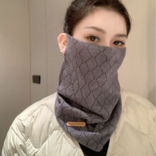 韩版秋冬针织毛线面罩防寒保暖护颈围巾女百搭双色菱格面罩脖套