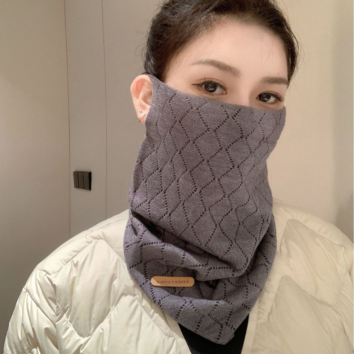 韩版秋冬针织毛线面罩防寒保暖护颈围巾女百搭双色菱格面罩脖套