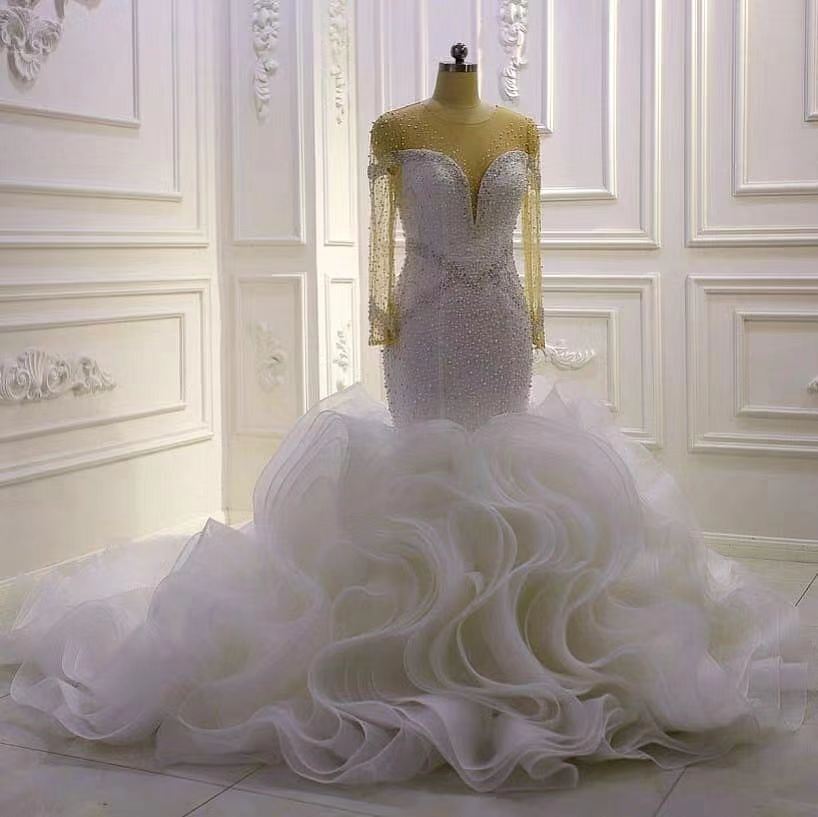 婚纱礼服2023新款蕾丝重手工拖尾婚纱 修身显瘦深Vweddingdress