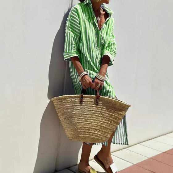 2025 independent station Amazon European and American women's half sleeve striped cardigan lapel shirt dress long