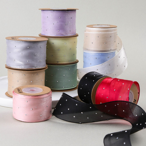 Hot diamond snow textile ribbon DIY bow hair accessories straw hat florist shop flower packaging silver dot silk ski yarn ribbon