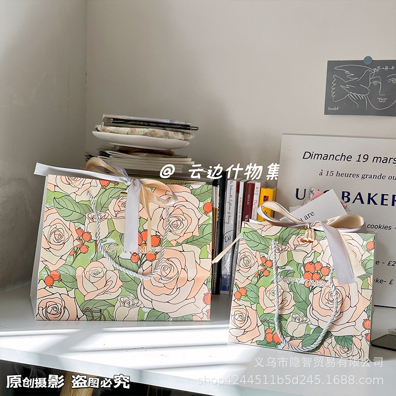 ins风礼物袋香槟玫瑰花款配丝带购物袋化妆袋糖果服装手提收纳袋