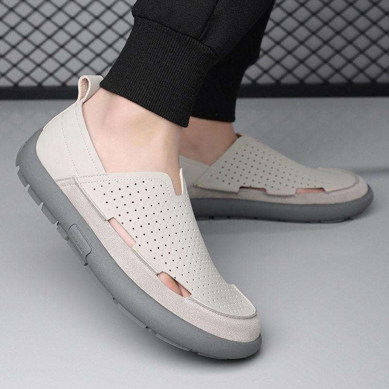 Dép sandal nam lỗ thoáng khí đế mềm kiểu lười — Màu be, Màu kaki