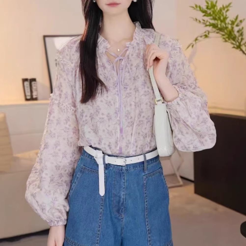 Áo sơ mi dài tay nữ hai lớp phối ren hoa nhí, chất liệu mềm mại — Bột hoa anh đào - Hoa nhỏ
