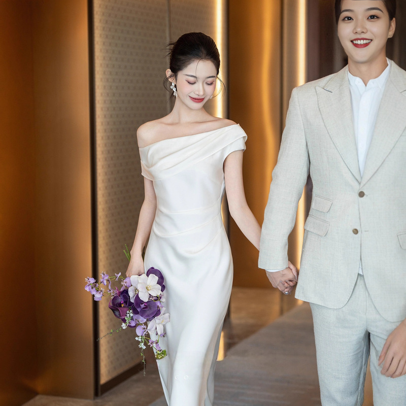 法式轻婚纱一字肩订婚礼服2025新款高级感轻礼服领证登记小白裙女|undefined