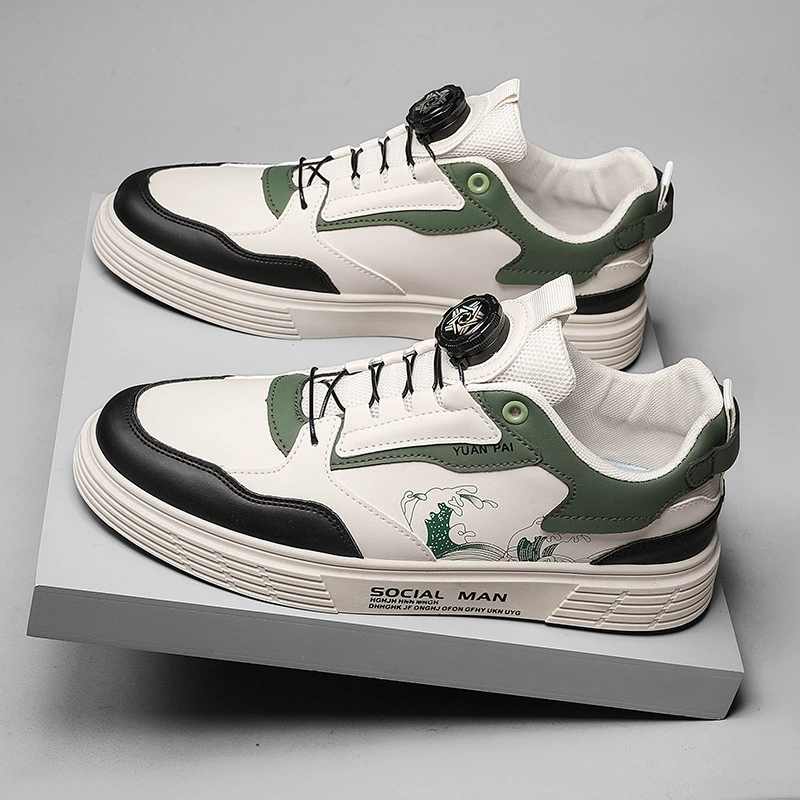 Весенние новые вращающиеся пуговицы без шнурка, Спортивная мужская обувь с кожаной поверхностью, Национальная мода, подходящая по цвету, Повседневная рабочая обувь на плоской подошве