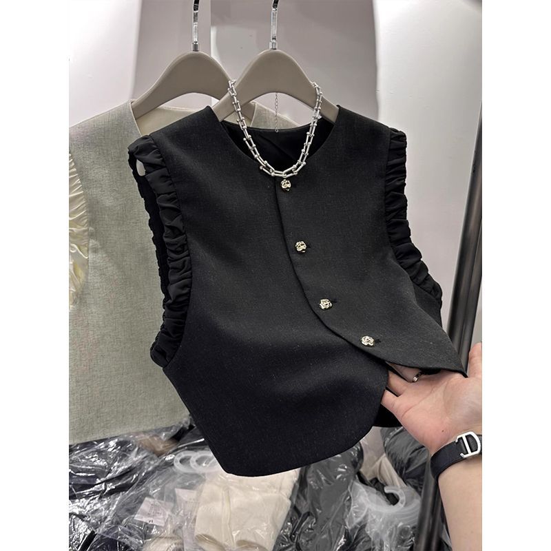 Shanli Dadi Women's Spring and Summer New European and Korean Style Wide Version Design with Ruffled Splicing for Layering Short Vest