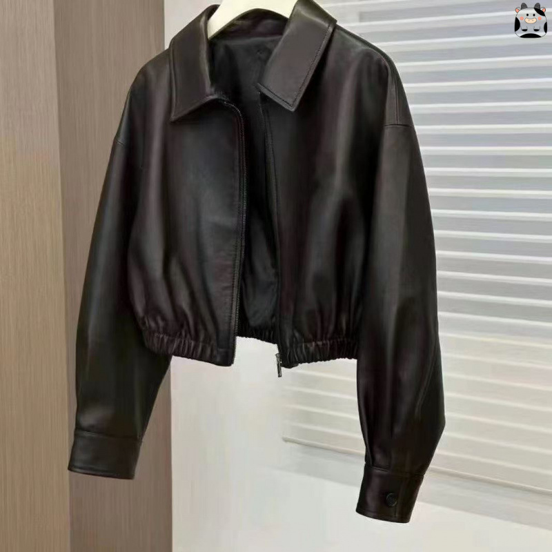 Black Soft Leather Spring & Fall Jacket for Women, New Square Collar Niche Design Motorcycle Zipper Short Leather Jacket with Tag