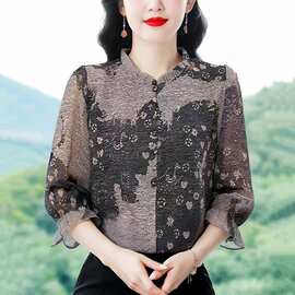 2026春夏上新专柜七分袖简约圆领通勤衬衫宽松印花雪纺衫女批发