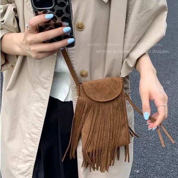 Wasteland Denim Style Crossbody Small Bag Women's 2025 New Maillard Brown Bohemian Retro Tassel Bag Wasteland Denim Style Crossbody Small Bag Women's 2025 New Maillard Brown Bohemian Retro Tassel Bag