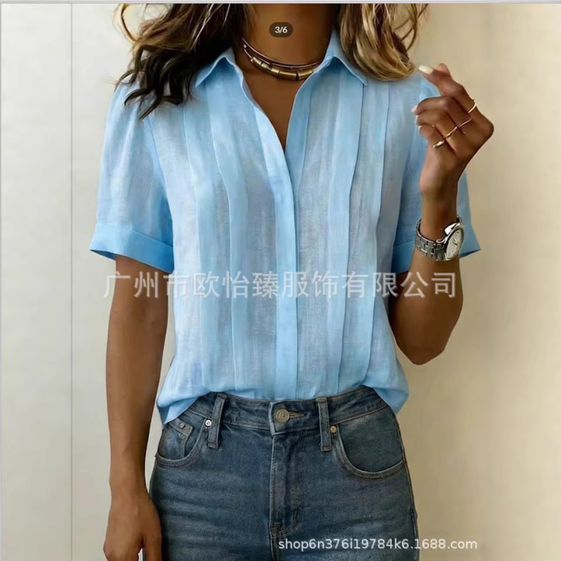 European and American Independent Websites Amazon Aliexpress 2026 Summer New Style Lapel Short-Sleeved Loose Pleated Cotton Shirt