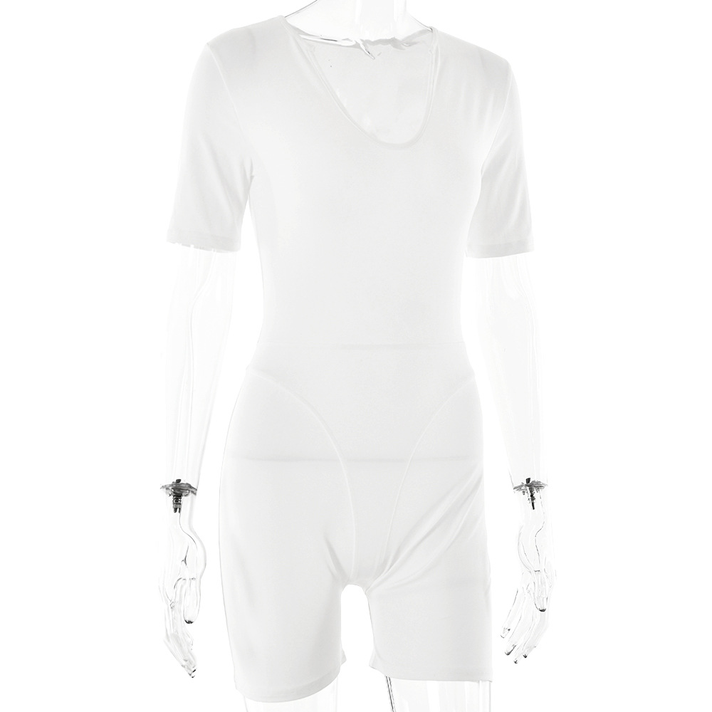 Popular Sexy Tight Jumpsuit Spring Summer Short Sleeve V Neck Patchwork Bottoming Shirt Women