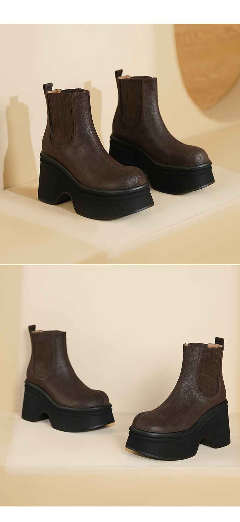 Giày boot Chelsea nữ cổ thun đế dày 10 cm chống nước mùa thu đông — đen, nâu sẫm chi tiết 9