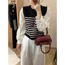 早秋季衬衫泡泡袖拼接针织衫女条纹气质复古学院风假两件毛衣上衣