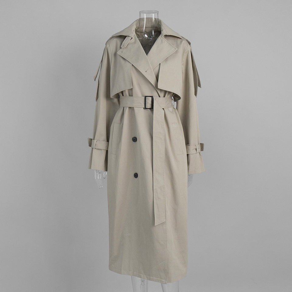 Áo khoác trench coat nữ dáng dài phong cách Âu Mỹ, chất liệu cotton, form rộng có dây thắt eo — Màu kaki, màu xám chi tiết 6