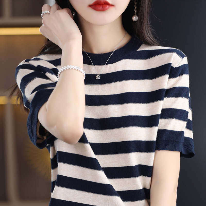 拼色条纹短袖t恤衫女士新款莫代尔短袖打底圆领针织衫上衣夏批发