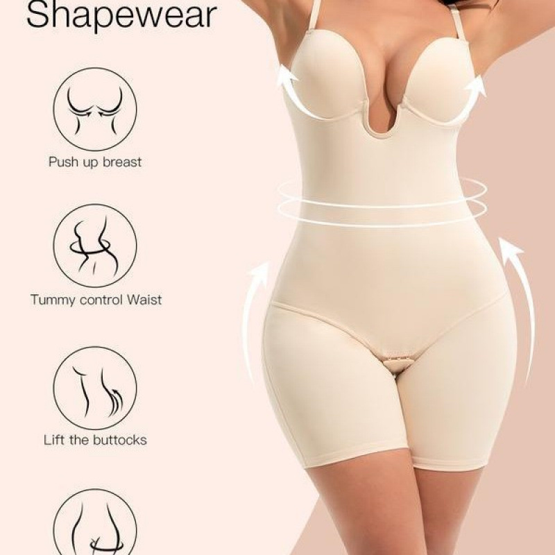 ⑨W 4473398 Aliexpress Cross-Border New Low-Back Deep V Body-Shaping Bodysuit with Built-In Bra