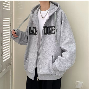 2024 autumn foam star print hooded sweater men's loose fashion brand top clothes American street cardigan coat