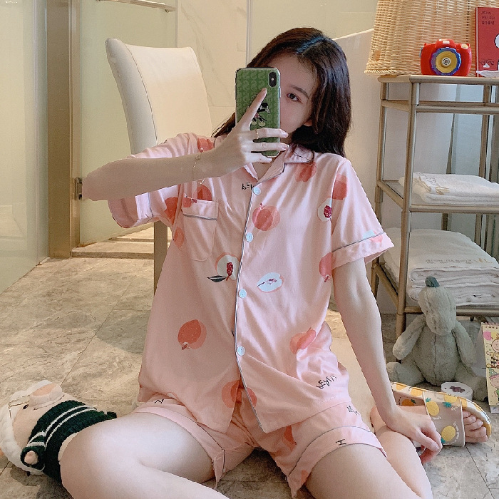Pijamas de verano de las mujeres de manga corta linda chica Corazón de dibujos animados solapa desgaste del hogar WeChat transmisión en vivo en línea traje de entrega de una pieza