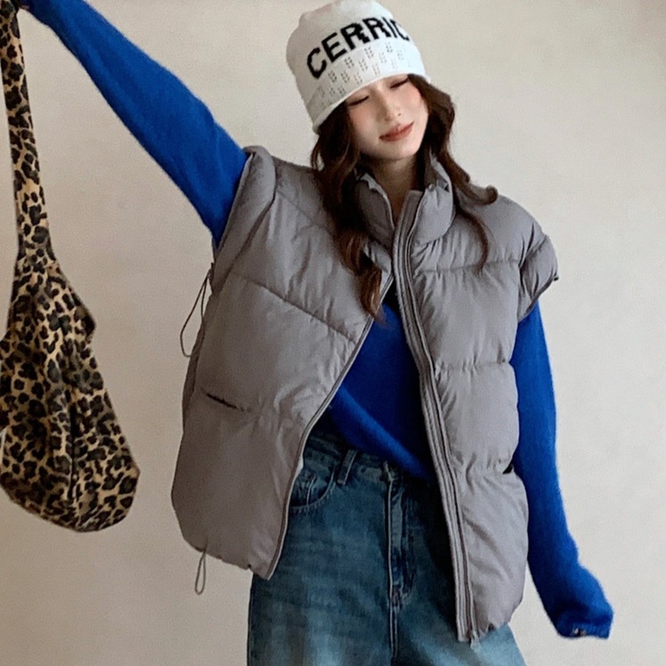 2025 otoño y invierno nuevos productos de algodón de cuello vertical chaleco de mujer corto color caramelo de mujer chaleco de algodón coreano sin mangas hombros de algodón image 6