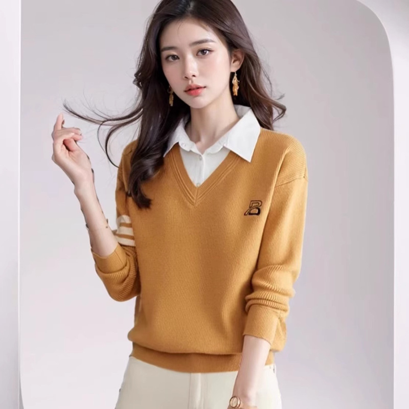 洋气假两件套上衣女秋冬款2025新款衬衫领针织打底衫休闲外穿毛衣|undefined