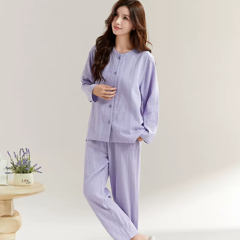 睡衣女春秋款2025新款纯色纯棉春秋季长袖女士家居服套装可外穿