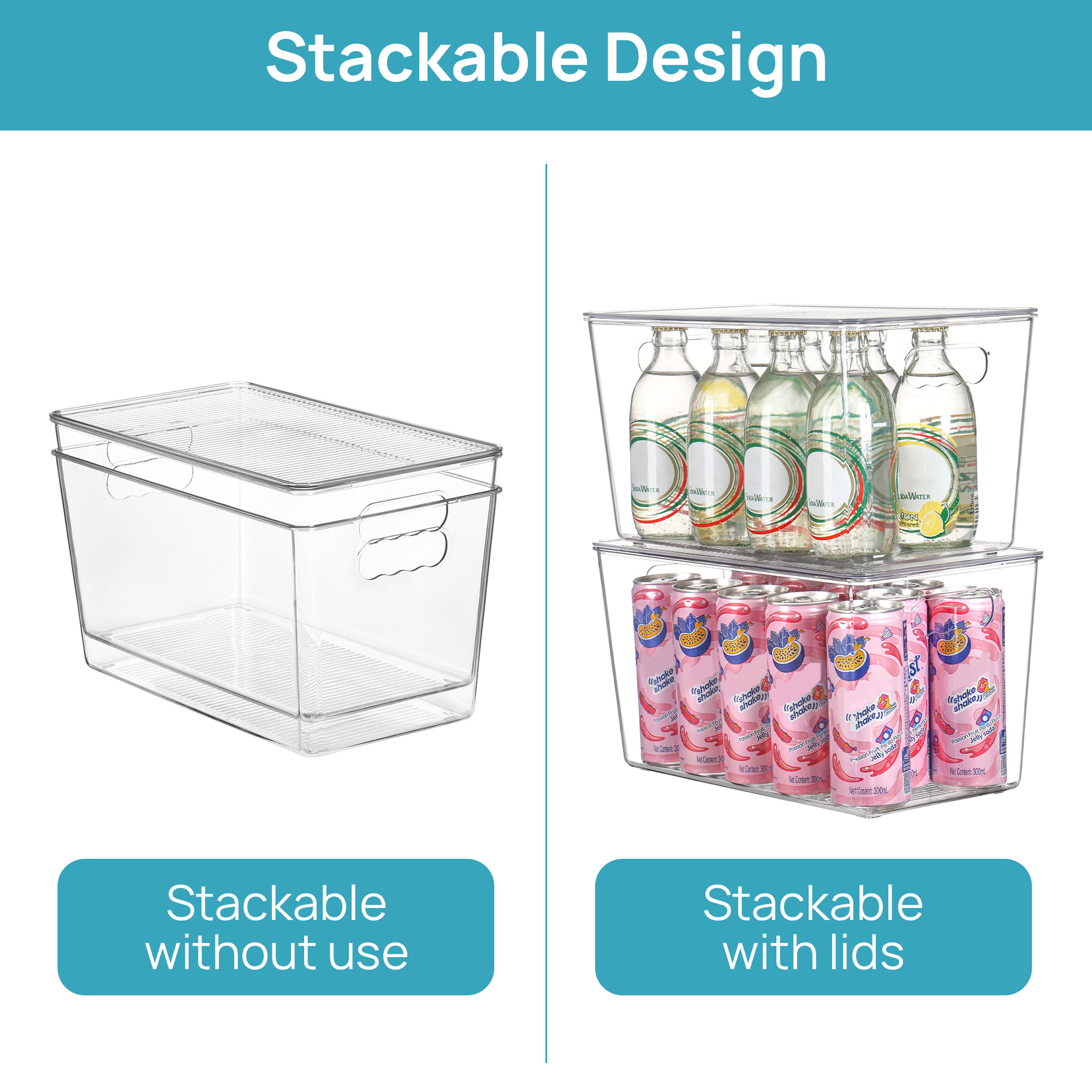 Caja de almacenamiento transparente apilable con asa y tapa, tamaño grande para cocina y dormitorio, artículo popular para almacenar y organizar alimentos.