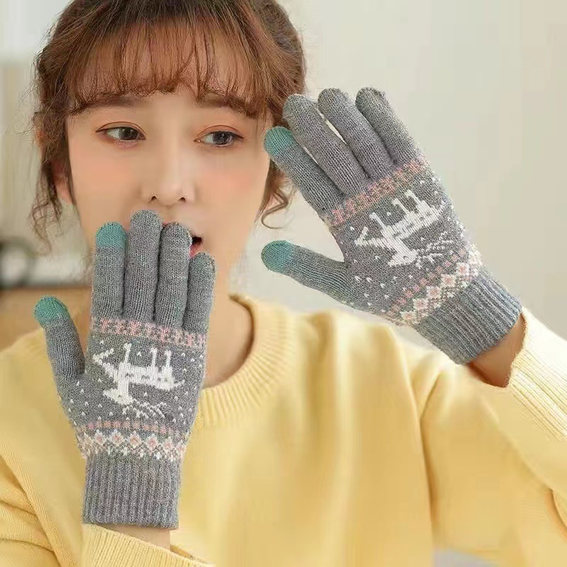 手袋秋冬女性保温学生韓国版かわいいベルベット厚手自転車五本指防寒タッチできる綿手袋|undefined