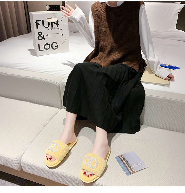 Fellhausschuhe im Feenstil für Damen zum Tragen von Oberbekleidung, neu, für den Innenbereich, weiche Sohle, bequem, einzeilig, offene Zehenpartie, Baumwolle_voghion.com