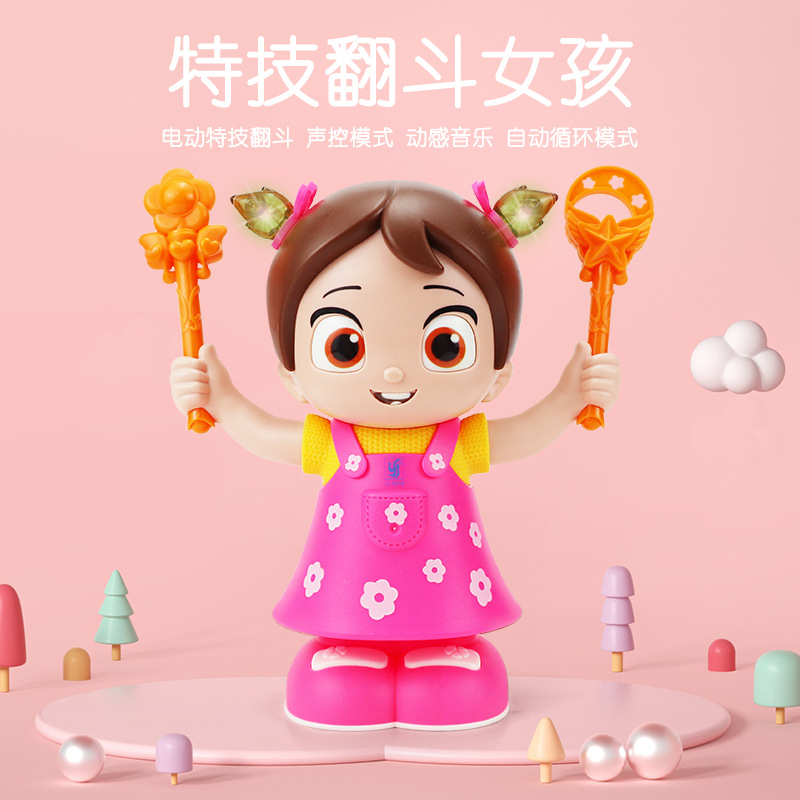 Shake nuevo producto acrobacias eléctricas giras luces música muñecas muñecas juguetes para niños al por mayor transfronterizos