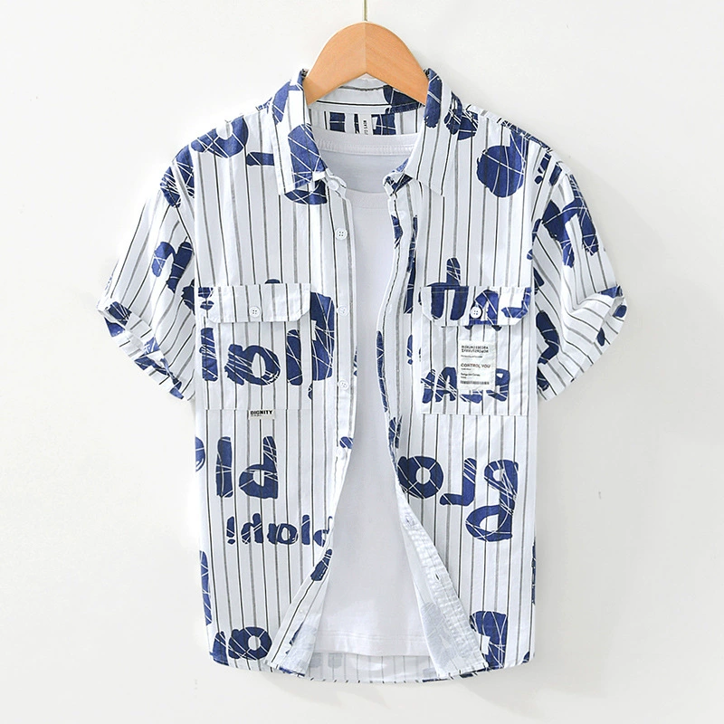 Рубашка 2058 в полоску с короткими рукавами и буквенным принтом, японская Повседневная модная Персонализированная универсальная рубашка, цельная доставка