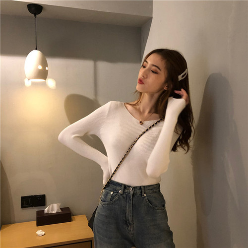 Autumn/Winter V-neck Knit Long Sleeve Slim Fit Bodycon Warm Base Top Women's Trendy Hoodless Sweatshirt