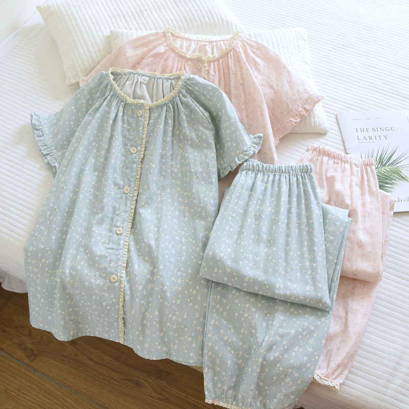 Korean Style Spring and Summer Thin Pajamas for Women, Short-Sleeved Long Pants, Pure Cotton Gauze, Sweet Pastoral Style with Small Floral Edges, Home Wear Set Korean Style Spring and Summer Thin Pajamas for Women, Short-Sleeved Long Pants, Pure Cotton Gauze, Sweet Pastoral Style with Small Floral Edges, Home Wear Set
