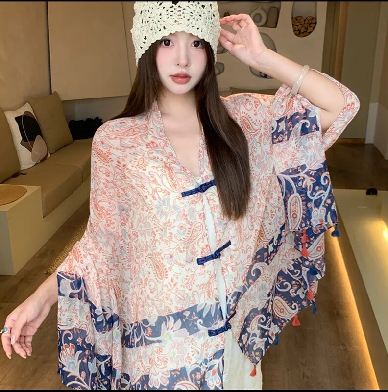 云南青海旅游丝巾夏季高级感女式中长外披复古民族风防晒盘扣披肩|undefined