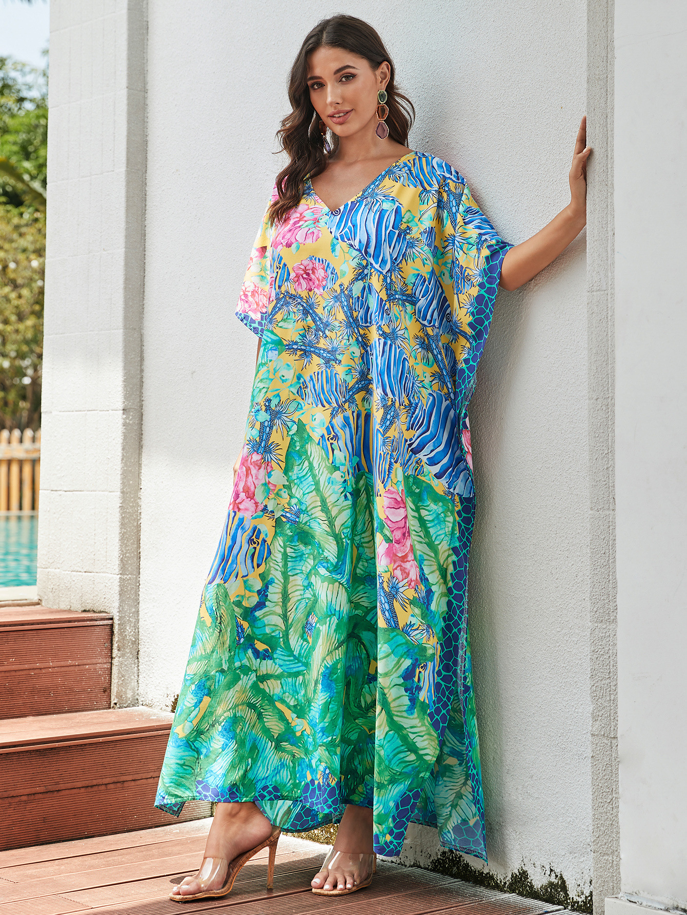 Rochie de plajă lungă kimono dama boho viscoză tie-dye_voghion.com