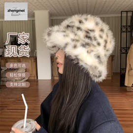 新款豹纹蒙古帽韩版仿水貂毛水桶帽女士秋冬护耳渔夫盆帽复古风