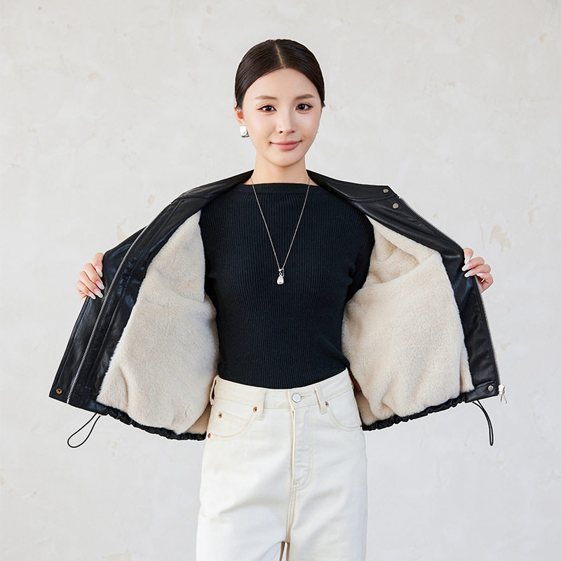 Áo khoác da nữ ngắn cổ đứng lót lông dày dặn — Cà phê đỏ với fleece dày, Màu đen Fleece dày chi tiết 2