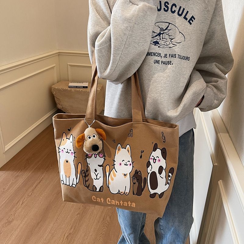 2025 Spring New Ins Lazy Style Large Capacity Canvas Bag All-match One-shoulder Student Artistic Cartoon Tote Bag