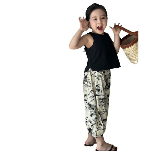 2024 new summer children's clothing Korean style children's clothing girls solid color sleeveless top + printed anti-mosquito pants children's suit