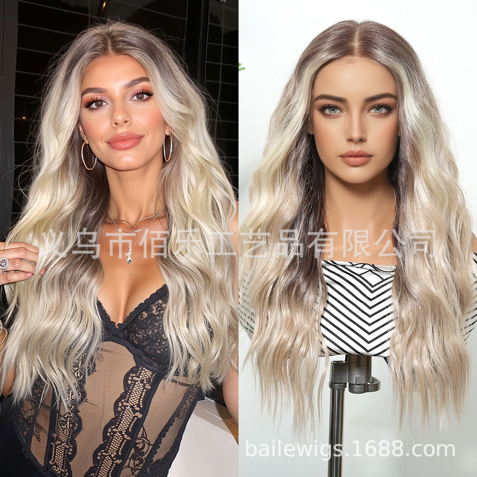 13*6 peluca de encaje de área grande, gradiente de platino, cabello largo y rizado, casco completo, tejido a mano, costura aleatoria, lace wig