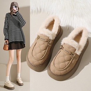 Thick-soled cotton-padded shoes women's plus size 2024 new winter fleece-lined warm loafers snowy beanshoes women