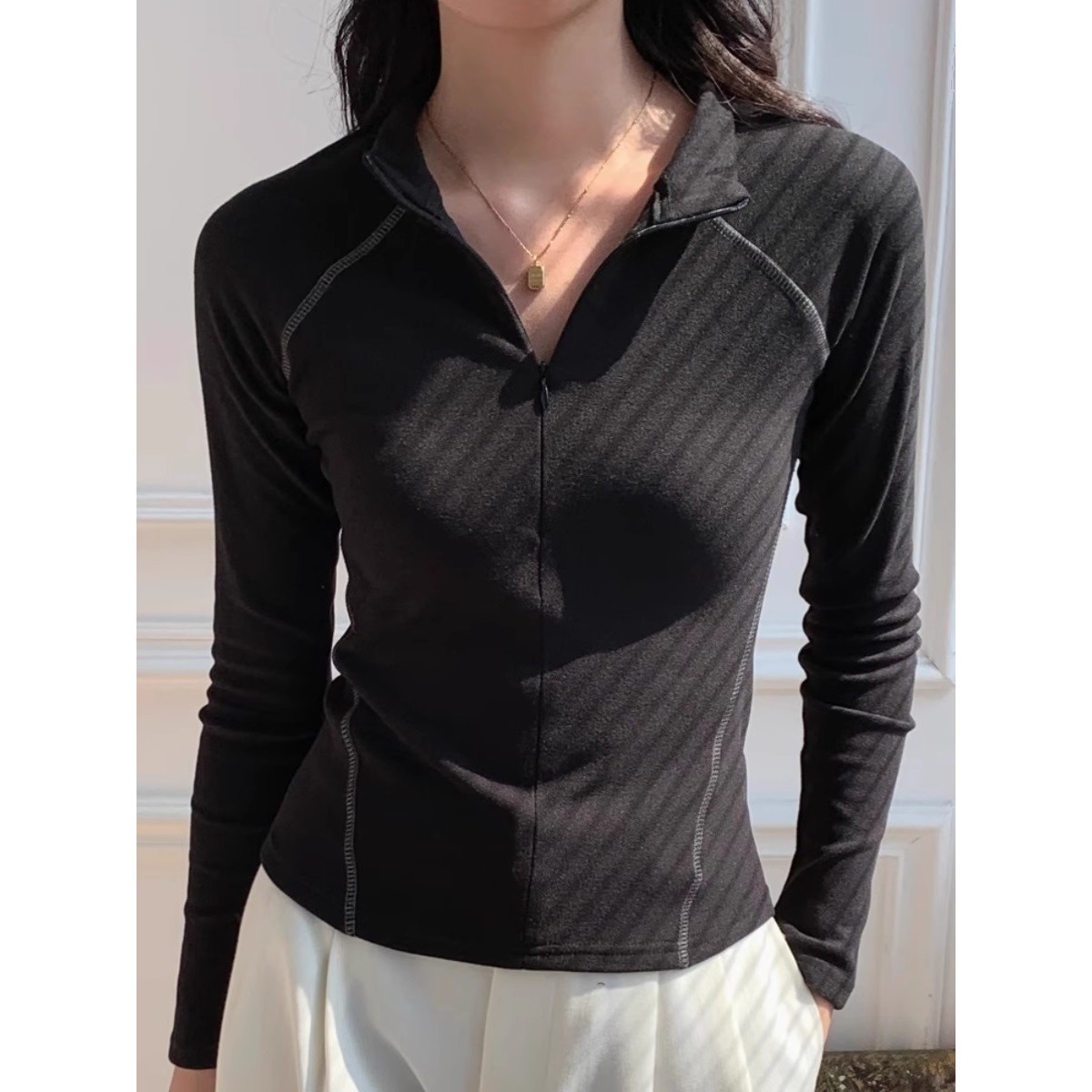 Half Turtleneck German Velvet Brushed Bottoming Shirt for Women Autumn and Winter Zipper Raglan Sleeves Spliced T-Shirt Sports Tight Inner Top