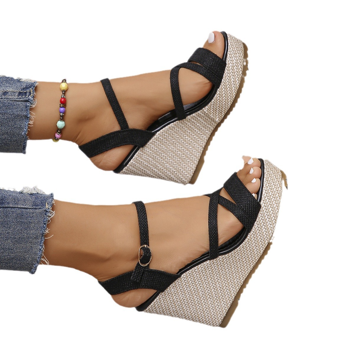 2024 New Cross One-word Buckle with Hemp Rope Comfortable Summer New Wedge Sandals Open Toe Women's Shoes 5