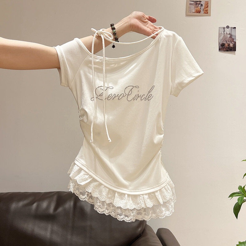 French-Style Asymmetrical Lace Short-Sleeve T-Shirt for Women, 2026 New Summer Plus-Size Slimming and Stylish Off-Shoulder Top